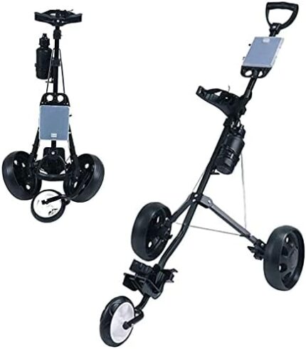 Golf Push Cart Trolley 3 Wheel Golf Trolley 3 Wheel, Golf Push Cart One Second to Open and Close, Collapsible Golf Caddy, Lightweight Golf Cart with Scorecard Drink Holder