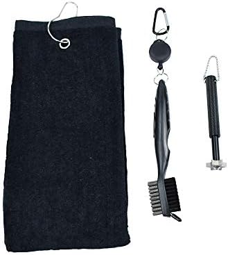hauni Tri-Fold Golf Towel with Clip Grommet Cotton Terry|Golf Brush and Club Groove Cleaner, Retractable Zip-line Aluminum Carabiner |Golf Club Groove Sharpener Tool 6 Heads Cleaner with Brush…