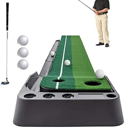 413aSdDmhdL._AC_.jpg Sinolodo Golf Putting Green Mat with Ball Return,Putting Mat with 3 Golf Balls, Putting Practice Trainer Indoor Outdoor for Home and Office - 9.84ft Long - Image 1