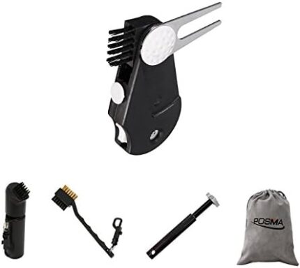 POSMA CA060C 5 in 1 Golf Divot Repair Set with Golf Divot Repair Tool+Wet Scrub Self-Contained Water Brush+Golf Club Groove Sharpener Tool with 6 Cutters+Double Side Cleaning Brush+Flannel Gift Bag