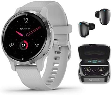 Garmin Venu 2S GPS Sport Fitness Smaller-Sized Smartwatch, Silver Bezel with Mist Gray Case and Silicone Band, AMOLED Display, Music with Wearable4U Black Earbuds with Charging Case Bundle