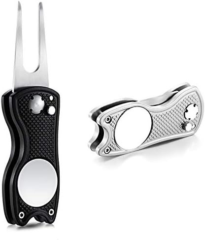 Golf Repair Tool Stainless Steel Foldable Golf Divot Tool Magnetic Golf Pop up Button Tool Golf Ball Marker (Black, Silver,2 Pieces)