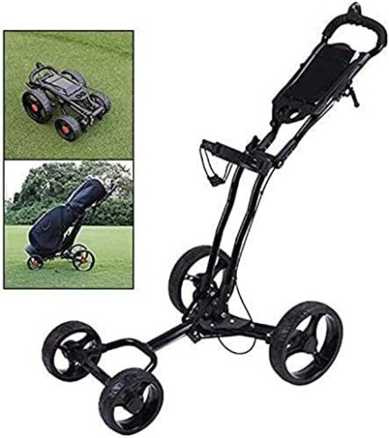 Golf Push Cart Push Cart Golf Trolley 4 Wheel, Foldable Lightweight Golf Caddy with Hand Brake, Umbrella Stand, Drink Holder, Smooth Wheel, Multi-Function Panel - Easy Installation ( Size : Black )