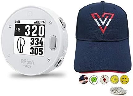 GolfBuddy Voice X Golf GPS/Rangefinder Bundle with 1 Volvik V-Logo Golf Hat Navy Color (Adjustable), 5 Ball Markers and 1 Hat Clip - Bluetooth Wireless Talking GPS