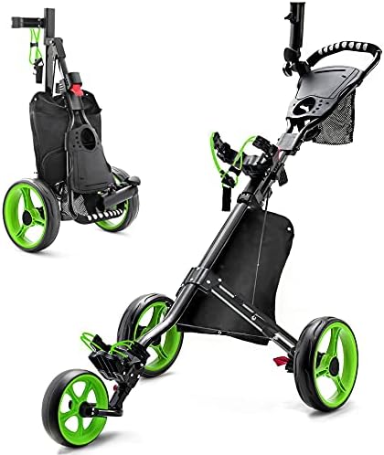 JINLLY Golf Push Cart, 3 Wheel Folding Golf Carts with Foot Brake, Collapsible Lightweight Golf Pull Carts with Umbrella Holder, Cup Holder, Phone Holder, Scoreboard Bag for Golf Bags