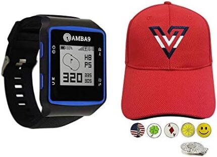 Amba9 GPS Golf Watch Bundle with 1 Volvik V-Logo Golf Hat (Adjustable), 5 Ball Markers and 1 Hat Clip - Rangefinder with Preloaded Courses, Step Tracking, Distance to Hole Measurements