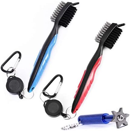 Fpxnb Golf Club Brush Set, 2 Pack Club Groove Cleaners Brushes and 1 Metal Groove Sharpener, with Retractable Zip-line and Aluminum Carabiner Cleaning Tools for Wedges and Irons, Golf Accessories