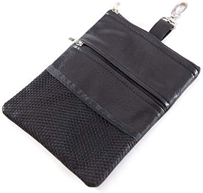 Golf Zip Valuables Pouch w/Mesh--Black Leather--Two Deep Pockets; Outside Mesh Pouch with Metal Hook Attachment--7 1/2" x 6"