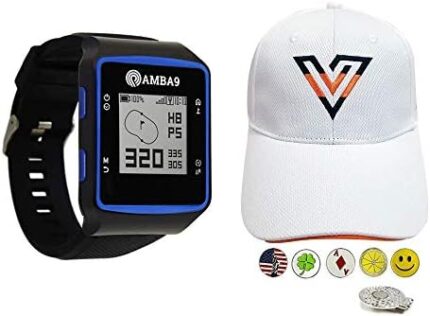 Amba9 GPS Golf Watch Bundle with 1 Volvik V-Logo Golf Hat (Adjustable), 5 Ball Markers and 1 Hat Clip - Rangefinder with Preloaded Courses, Step Tracking, Distance to Hole Measurements