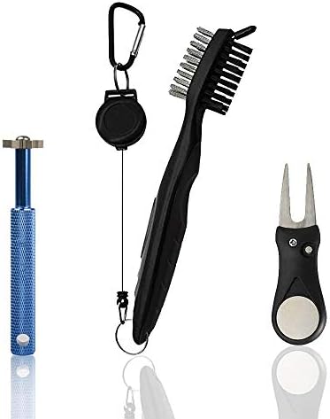 Golf Brush Club Groove Cleaner Set Divot Tool, Ball Marker, Groove Sharpener, 2 Ft Retractable Zip-line Aluminum Carabiner, Lightweight, Ergonomic Design, Attaches Golf Bags By Yokepo