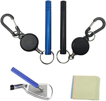 longsen Golf Club Groove Sharpener with 1.8Ft Retractable Zip-line Carabiner - 2 Pack(1 Blue & 1 Black) - Re-Grooving Cleaning Tool and Cleaner for Wedges & Irons - Suitable for U & V-Grooves