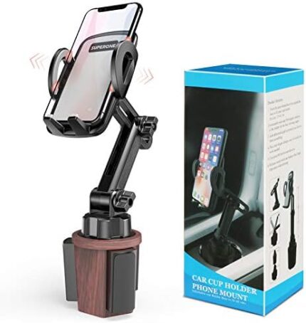 Cup Holder Phone Mount for Car, SUPERONE Easy Clamp Wood Grain Cup Holder Car Mount Compatible with iPhone 12, SE, 11, 11 Pro, 11 Pro Max, XS Max, XS, XR, Galaxy S20 Ultra, S20+, S20 and More