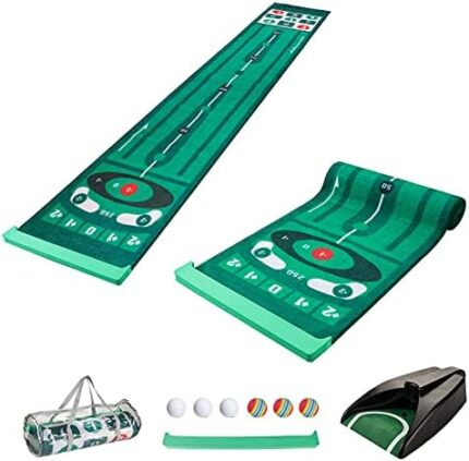 Hutigertech Golf Putting Training Mat with Auto Ball Returner Carry Bag and Golf Ball, 24 in X 10 ft, Golf Game Practice Equipment Green Mat Gift for Men Home Office Indoor Outdoor Use