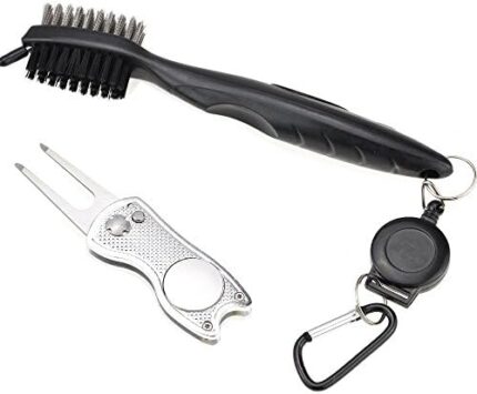 Mile High Life All Metal Foldable Golf Divot Tool with Magnetic Ball Marker & Club Groove Cleaner with Brush and Retractable Extension Cord Combo Set (2 Pack Multi-Colors)