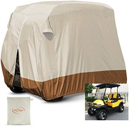 HOMEYA Golf Cart Cover, 420D Waterproof 4 Passenger Golf Club Car Cover for EZ GO Club Car Yamaha Golf Carts Outdoor Accessories Fits up to 112.5 inch Long- Beige & Coffee
