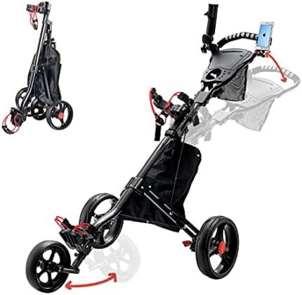 vantiorango Golf Push Cart, 3 Wheel Folding Golf Carts with Foot Brake, Height Adjustable Lightweight Golf Pull Carts w/Umbrella Holder, Cup Holder, Phone Holder, Scoreboard Storage