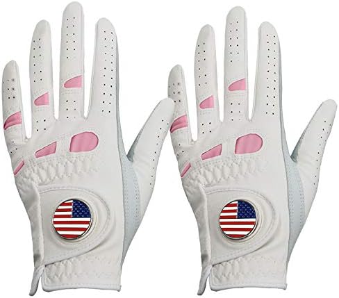 41mGfG8O7yL._AC_.jpg Women's Golf Gloves Left Hand Right with Ball Marker Value 2 Pack, All Weather Grip Rain Soft Leather Pink Size Small Medium Large XL - Image 1