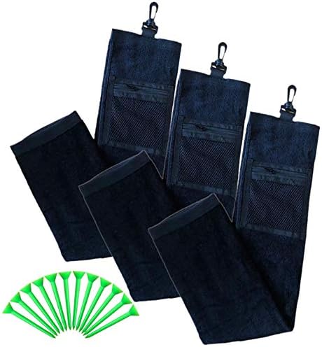 41v2xU6diEL._AC_.jpg Golf Towels for Golf Bags with Clip Mesh Pouch 3 Pack, Trifold Cleaning Towel Hooks 24’’X16’’ for Men Women in Black Blue Green, with 12 Free Plastic Cup Tees (3 Black Golf Towels) - Image 1