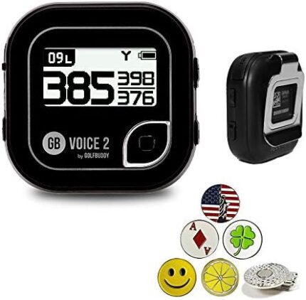 GolfBuddy Voice 2 Black Color Golf GPS/Rangefinder Bundle with 1 Magnetic Hat Clip and 5 Ball Markers
