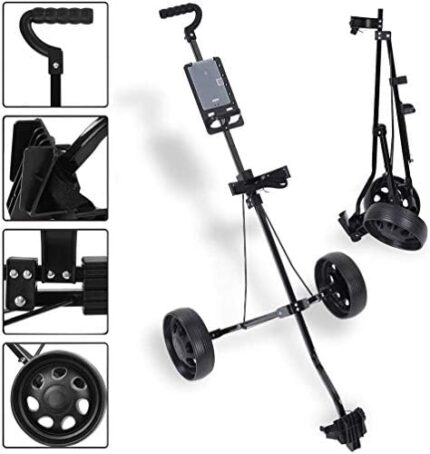 Golf Push Cart Lightweight 2 Wheel Foldable Golf Trolley Holder with Adjustable Push Handle and Scorecard and Foot Brake Multi-Function Panel Easy Carry and Fold
