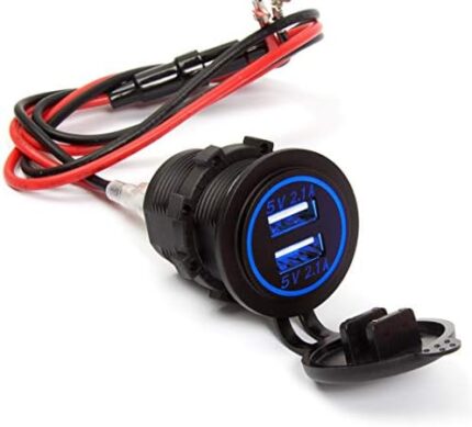 Ginsco Dual USB Charger Socket Power Outlet 2.1A & 2.1A（4.2A） for Car Boat Marine RV Mobile with Wire Fuse DIY Kit Blue LED