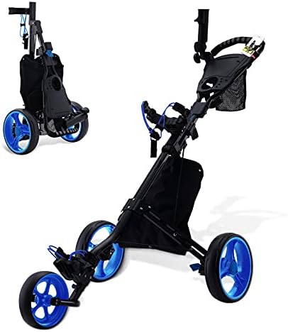 Folding Golf Push Cart, 3 Wheel Golf Cart, Lightweight Swivel Golf Pull Carts with Foot Brake, Scoreboard, Umbrella Cup Holder, Mobile Phone Holder, Cooler, Cart for Men Women Kids Practice and Game