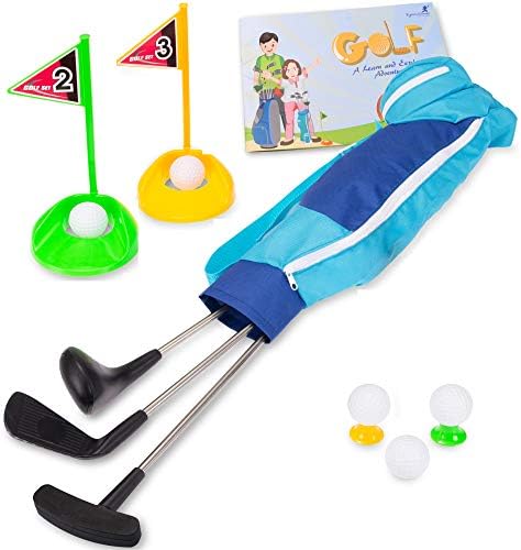 41zyuFwpaL._AC_.jpg Kids Golf Club Set, Golf Training Equipment Practice Kit, Outdoor Learning Educational Toys Gifts for Boys, Girls, Toddlers, Children 3-6 Years, 3 Golf Clubs, 5 Balls, Golf Bag, 2 Tees with Flags - Image 1