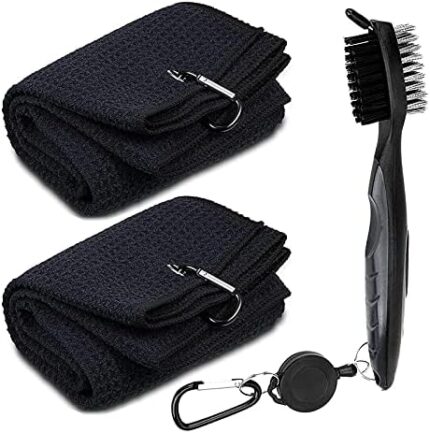 Golf Towels Golf Accessories Set with Microfiber Waffle Golf Towels, Retractable Zip-line Golf Brush Sets for Groove Clean,Golf Towels for Golf Bags with Clip (2 Black Towel+ 1 Black Brush)