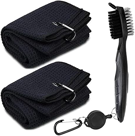 51-W879TOmS._AC_.jpg Golf Towels Golf Accessories Set with Microfiber Waffle Golf Towels, Retractable Zip-line Golf Brush Sets for Groove Clean,Golf Towels for Golf Bags with Clip (2 Black Towel+ 1 Black Brush) - Image 1