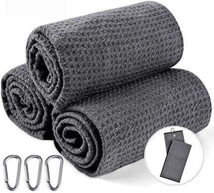 Tri-fold Microfiber Golf Towel(3 Pack),16" X 24"with Carabiner Clip |Leaves lint and Streak Free|Not Scratch Paints Surfaces| Antistatic |Easy to Clean|Durable, Super Absorbent, Fast Drying