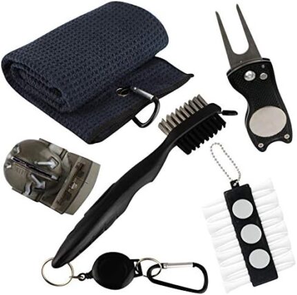 VIXYN Golf Accessories Gift Set - Golf Towel, Golf Club Brush with Groove Cleaner, Foldable Divot Repair Tool with Ball Marker, Golf Ball Marker and Golf Tee Holder - Golf Club Cleaning Kit