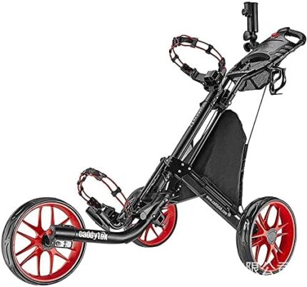 TUHFG Golf Push Cart Golf Cart, Lightweight Foldable Golf Trolley 3 Wheel Golf Push Cart with Drink Holder Seat, One Second to Open/Close Folding Cart, Collapsible Cart (Color : Red)