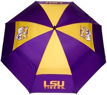 Team Golf NCAA LSU Tigers 62" Golf Umbrella with Protective Sheath, Double Canopy Wind Protection Design, Auto Open Button