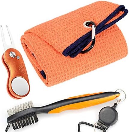 Mile High Life Microfiber Waffle Pattern Golf Towel | Club Groove Cleaner Brush | Foldable Divot Tool with Magnetic Ball Marker