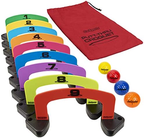 518QipwL7NL._AC_.jpg GoSports Putt-Thru Croquet Putting Game - Includes 9 Gates, 4 Golf Balls and Tote Bag -Play at Home, the Office or On the Green - Image 1