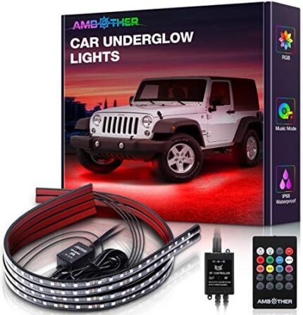 AMBOTHER Car Underglow Lights RGB Exterior Car LED Lights with Remote Control, Music Mode, Scene Mode, Colors Changing 2 Lines Design Underlights for Cars, Trucks, DC 12-24volt