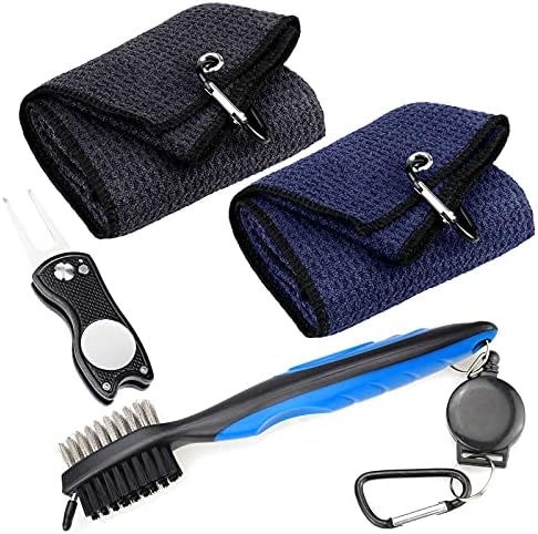 51Bn6DmL05S._AC_.jpg Favritt Microfiber Waffle Pattern Tri-fold Golf Towel Set|2 Golf Towel (Black/Navy) |Foldable Divot Tool with Magnetic Ball Marker| Golf Club Brush(4 Pack) - Image 1