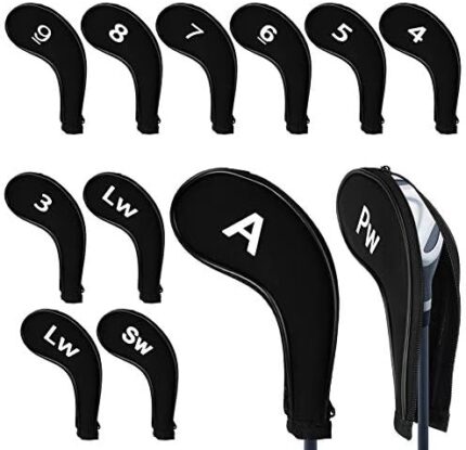 WIOR Golf Iron Head Covers, Neoprene Zippered Golf Wedge Iron Covers with Large Number Tags & Long Neck, Protective Golf Club Head Covers for Men Women, Fit for Most Standard Irons - Set of 12 - Black