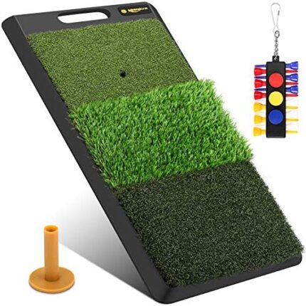 Keenstone Turf Golf Hitting Mat (12 Golf Tees & 1 Rubber Tee & 3 Position Marks Included) - Portable Heavy Duty Rubber Base Golf Grass Mat for Indoor or Outdoor Training