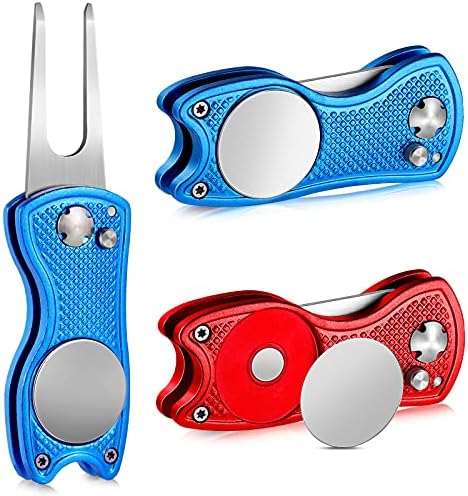51ErLhjCv9S._AC_.jpg 2 Pieces Golf Divot Repair Tool Stainless Steel Foldable Golf Repair Tool Magnetic Golf Ball Marker Tool with Pop Up Button Portable Golf Pitchfork, Red and Blue - Image 1