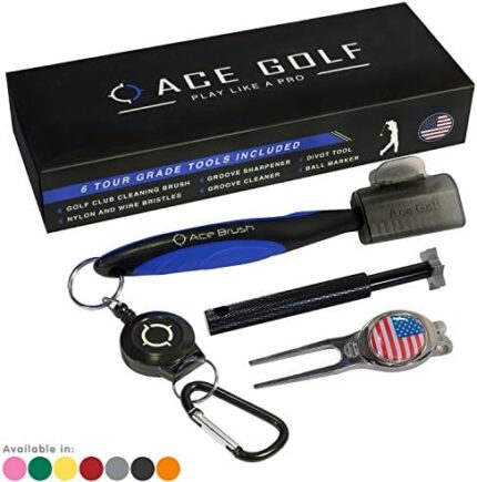 Golf Brush and Club Groove Cleaner Set with Divot Tool, Ball Marker, Groove Sharpener, 2 Ft Retractable Zip-line Aluminum Carabiner, Lightweight, Ergonomic Design, Attaches Golf Bags