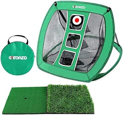 GEEORZO Golf Chipping Net, Pop Up Golf Practice Net with 2 Hitting Mats and 9 Solid Practice Balls and Golf Tees Accessories for Backyard Outdoor Indoor