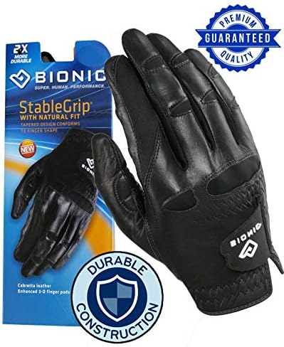 New Improved 2X Long Lasting Bionic StableGrip Men's Black Golf Glove - Patented Stable Grip Genuine Cabretta Leather, Natural Fit Designed by Orthopedic Surgeon! (Small, Worn on Left Hand)