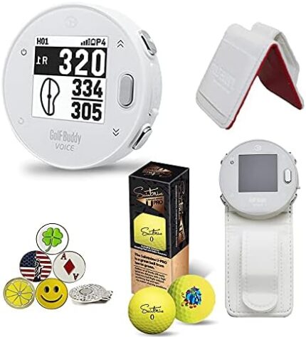 GolfBuddy Voice X GPS/Rangefinder Bundle with Belt Clip, 5 Ball Markers, 1 Magnetic Hat Clip and Saintnine 2 Ball Sleeve