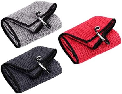 Favritt 3 Pack Tri-fold Golf Towel,Premium Microfiber Fabric Waffle Pattern Towel,Heavy Duty Carabiner Clip,Golf Accessories for Men,Women,Children（3 Colors,3Pcs）