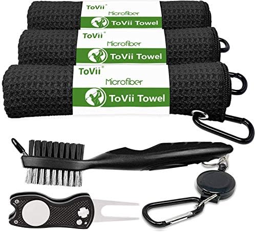 51Sb1shG34L._AC_.jpg ToVii Golf Towel Microfiber Waffle Pattern Club Groove Cleaner Brush Foldable Divot Tool with Magnetic Golf Gifts Accessories Set Black - Image 1