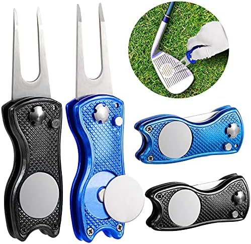 51T3zQocv4S._AC_.jpg QWDLID 4 Pieces Foldable Golf Divot Repair Tool All Metal Divot Tool Switchblade with Magnetic Golf Ball Marker and Pop-up Button - Image 1