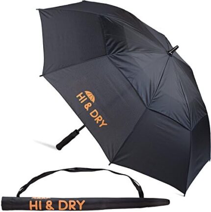 Golf Umbrella Large 48 Inches For All Purposes - Automatic Opening. Fiberglass Frame. Vented Double Canopy. Reflective Velcro Straps - Wind and Rain Resistant - Handy Shoulder Carrying Bag - Black
