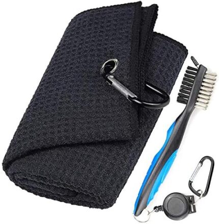 Golf Gear Cleaning Kit - Premium Material Microfiber Towel 24"x18" with Carabiner for Golf Bag + Club Brush Club Groove Cleaner and Sharpener on 2ft Retractable Extension Cord Clip - Golf Accessories