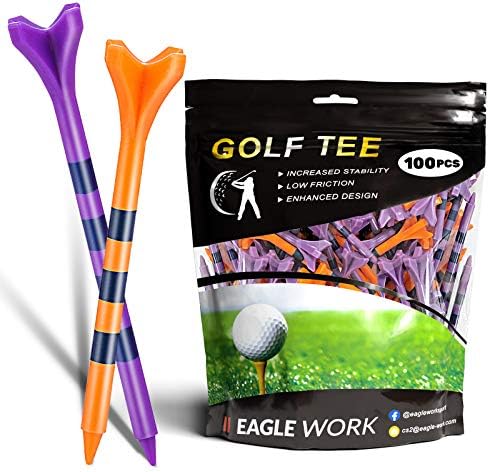 51VD6e8XarL._AC_.jpg EAGLE WORK Plastic Golf Tees, Pack of 100(3-1/4'' & 2-3/4'') 4 Prongs Golf Tees, More Durable and Stable, Reduces Friction & Side Spin Plastic Tees - Image 1